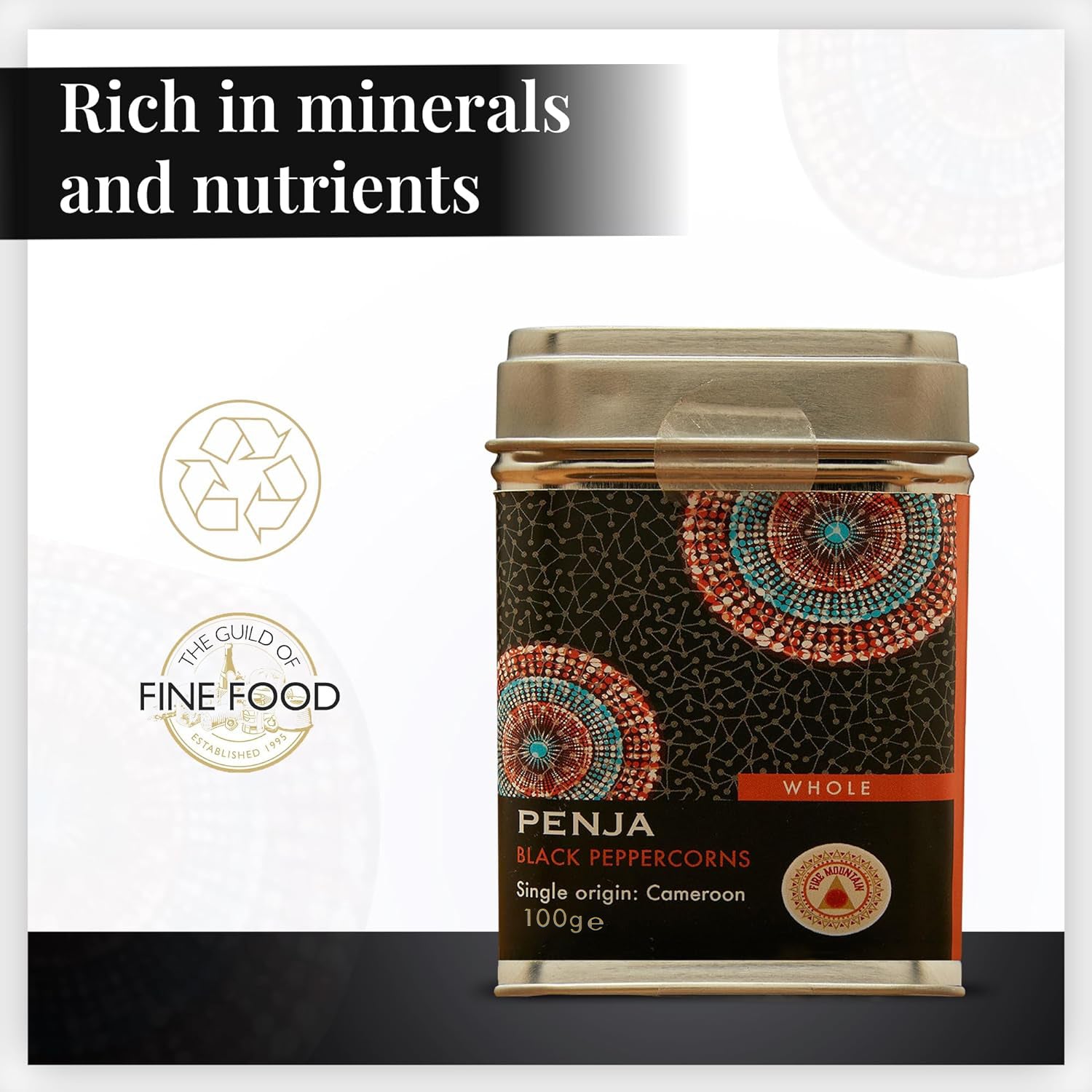 Fire Mountain Black Penja Pepper 100g - Great Taste Award Winner, Natural Black Whole Peppercorn Berries from Single Origin of Penja Valley, Peppercorns for grinder refill.
