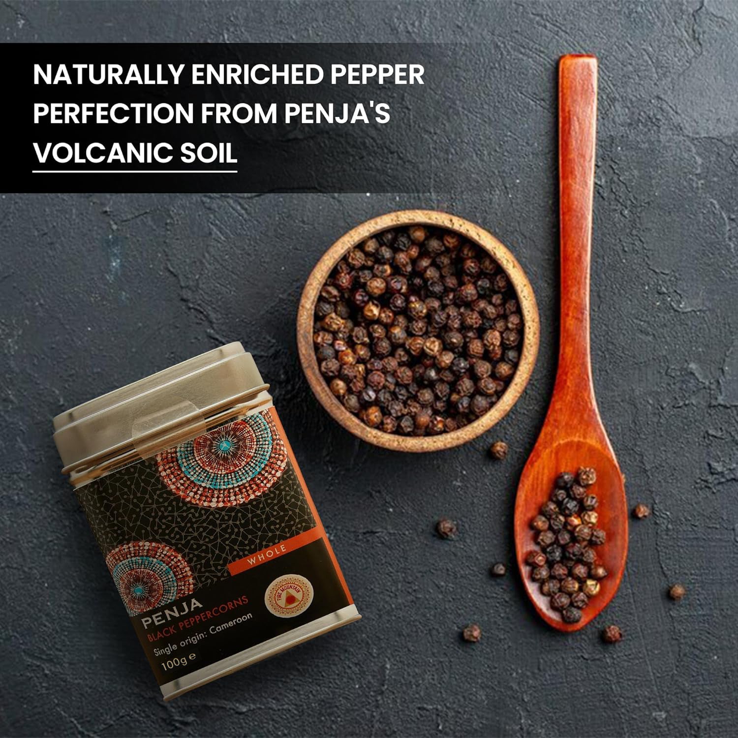 Fire Mountain Black Penja Pepper 100g - Great Taste Award Winner, Natural Black Whole Peppercorn Berries from Single Origin of Penja Valley, Peppercorns for grinder refill.