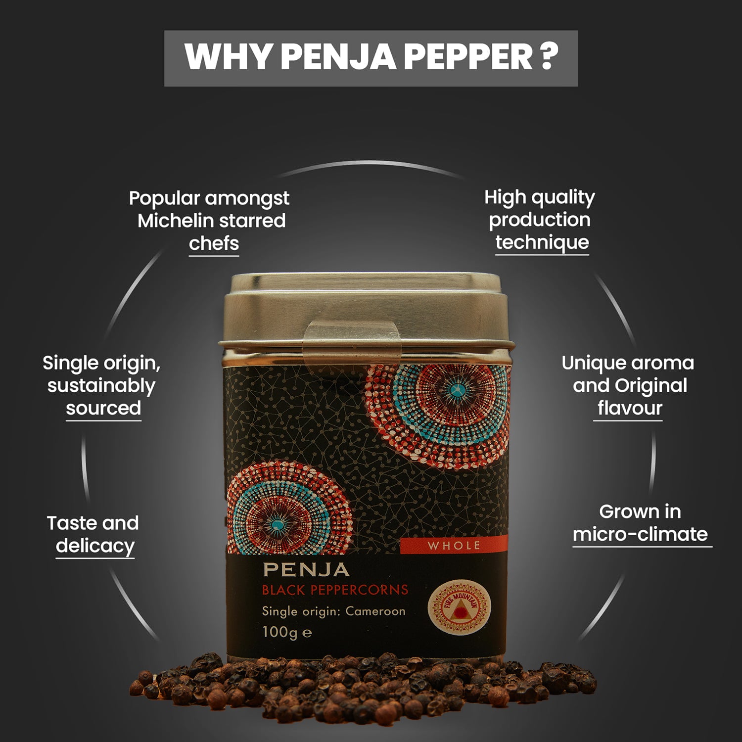 Fire Mountain Black Penja Pepper 100g - Great Taste Award Winner, Natural Black Whole Peppercorn Berries from Single Origin of Penja Valley, Peppercorns for grinder refill.