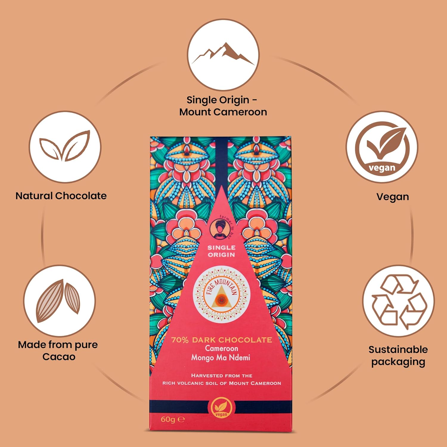 Fire Mountain 70% Dark Chocolate Bar from Cocoa | 5 x 60g | Natural & Vegan