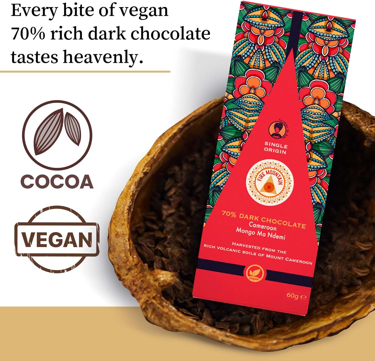 Fire Mountain 70% Dark Chocolate Bar from Cocoa | 5 x 60g | Natural & Vegan