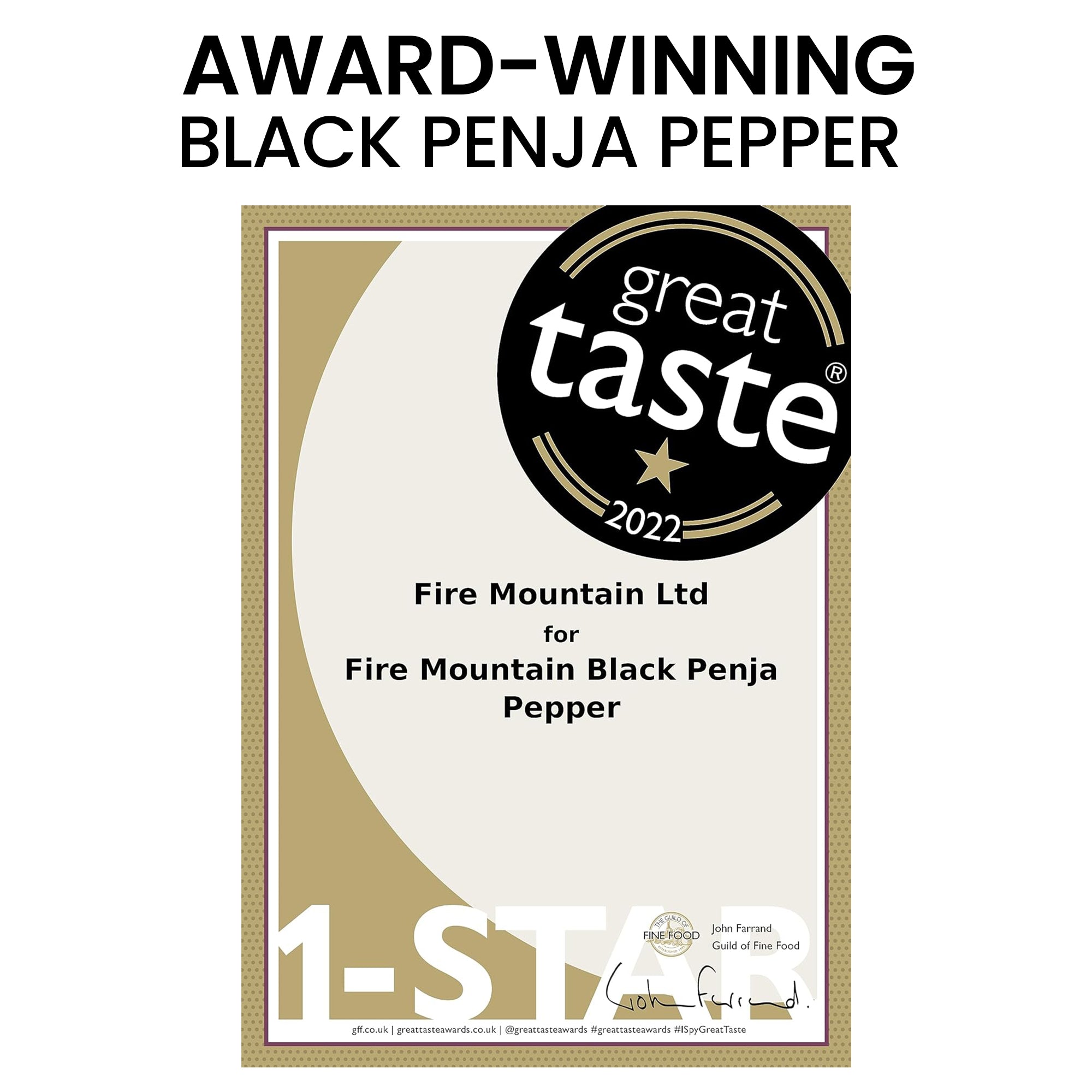 Fire Mountain Black Penja Pepper 100g - Great Taste Award Winner, Natural Black Whole Peppercorn Berries from Single Origin of Penja Valley, Peppercorns for grinder refill.
