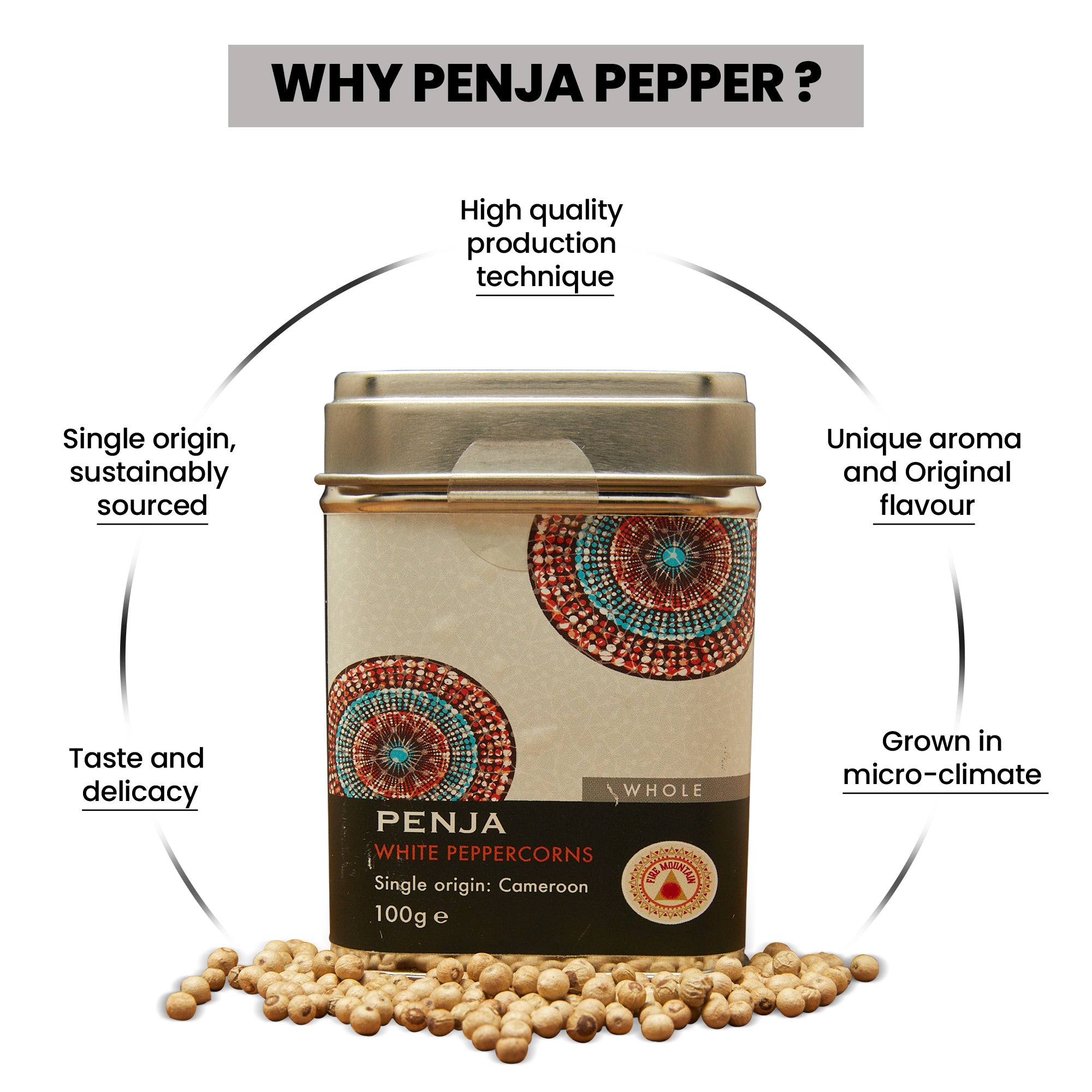 Fire Mountain White Penja Pepper 100g - Without additives, 100% Natural Peppercorn Berries from Cameroon's Penja Valley (Pack of 1)